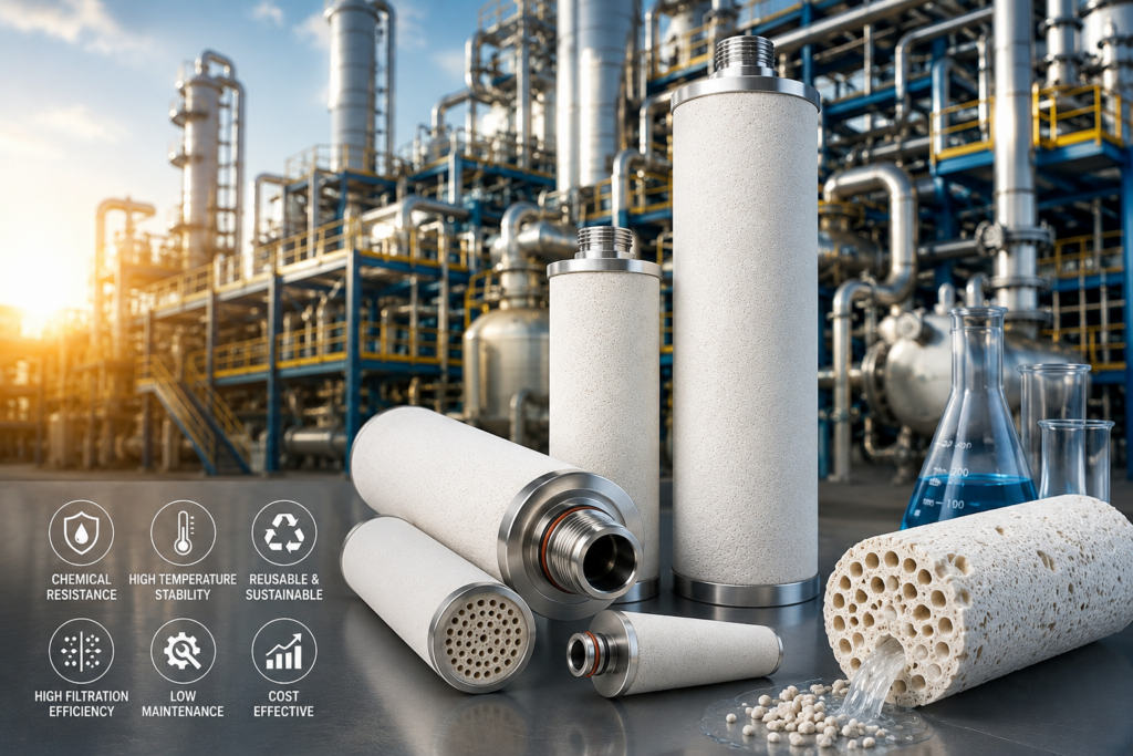 Porous ceramic filter cartridges used in chemical processing plants for high-temperature and chemical-resistant industrial filtration.