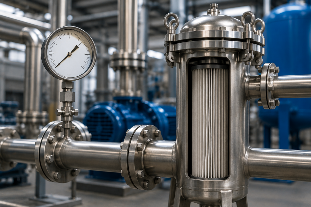 Industrial filters housing with pressure gauge showing pressure drop in a filtration system
