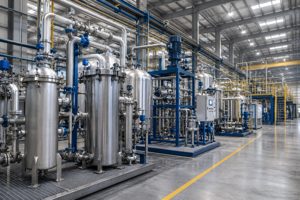 Chemical filter and stainless steel filtration equipment in an industrial processing factory