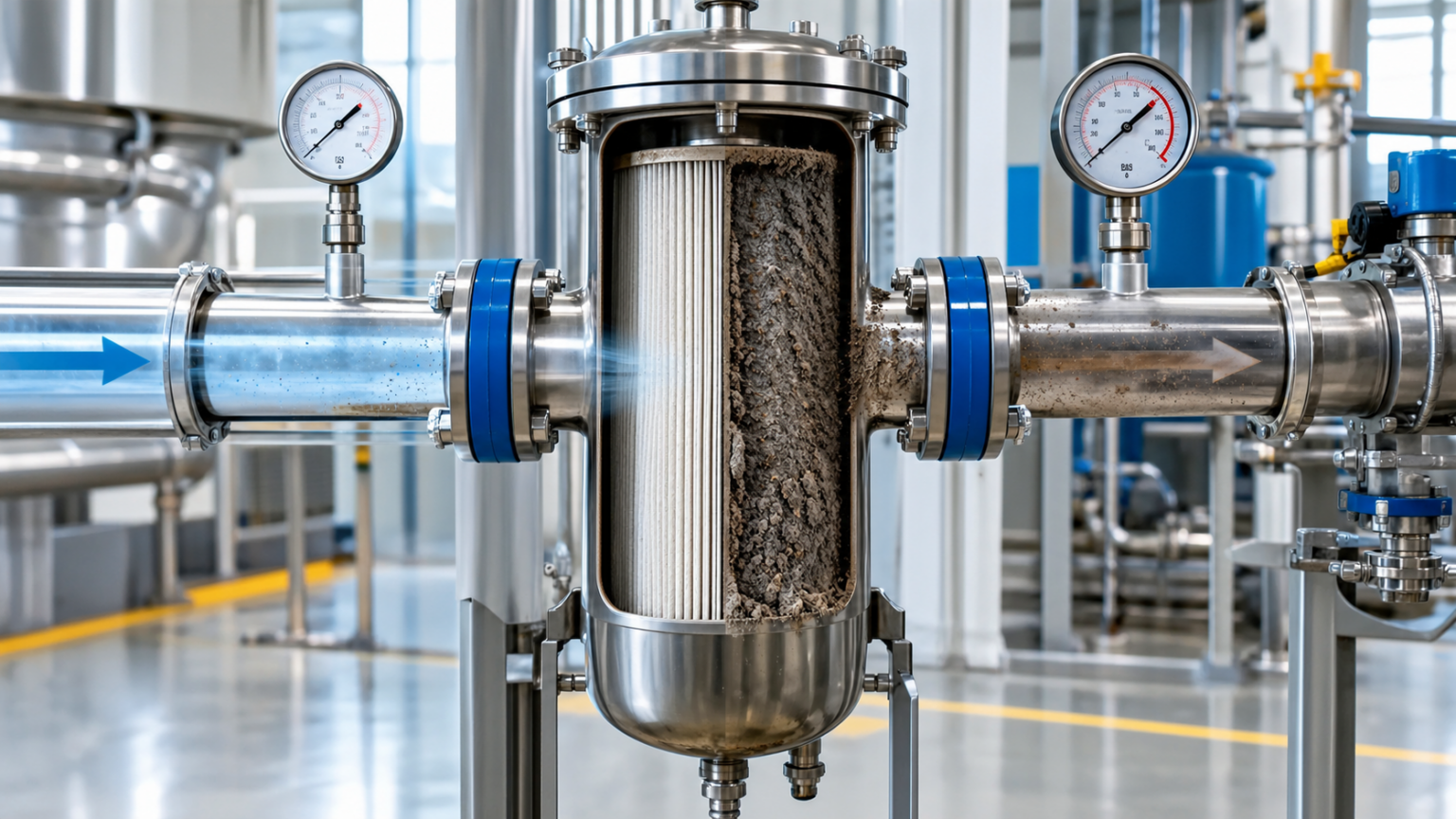 Industrial gas filter with high pressure drop caused by clogged filter media